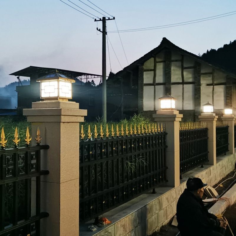 Traditional Lantern Solar Post Lamp Frosted Glass LED Street Lighting in Antiqued Brass