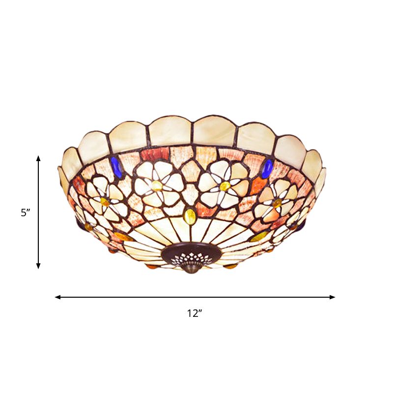12"/21" Dia 3/4-Light Flush Mount Lamp Tiffany Bowl Shell Ceiling Fixture with Blossom Pattern in Beige
