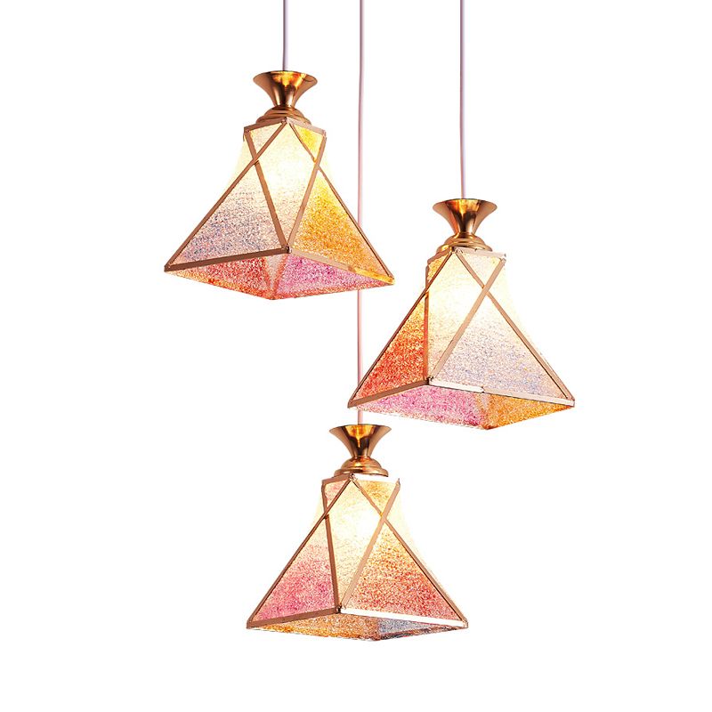 3-Head Dining Room Multiple Hanging Light Modern Stylish Rose Gold Pendant Lamp with Pyramidal Gradient Pink Glass Shade