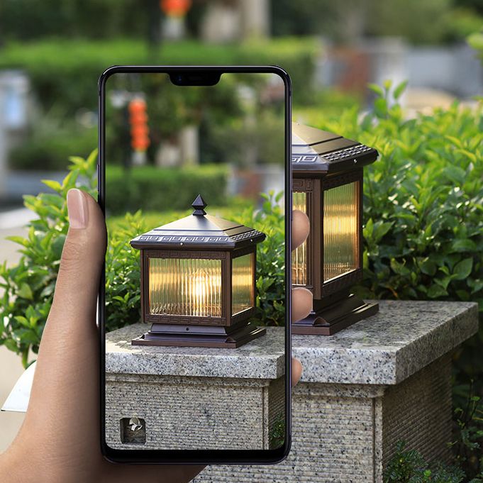 Rectangular Shape Metal Solar Pillar Lamp Modern Style 1 Light Outdoor Lights in Brown
