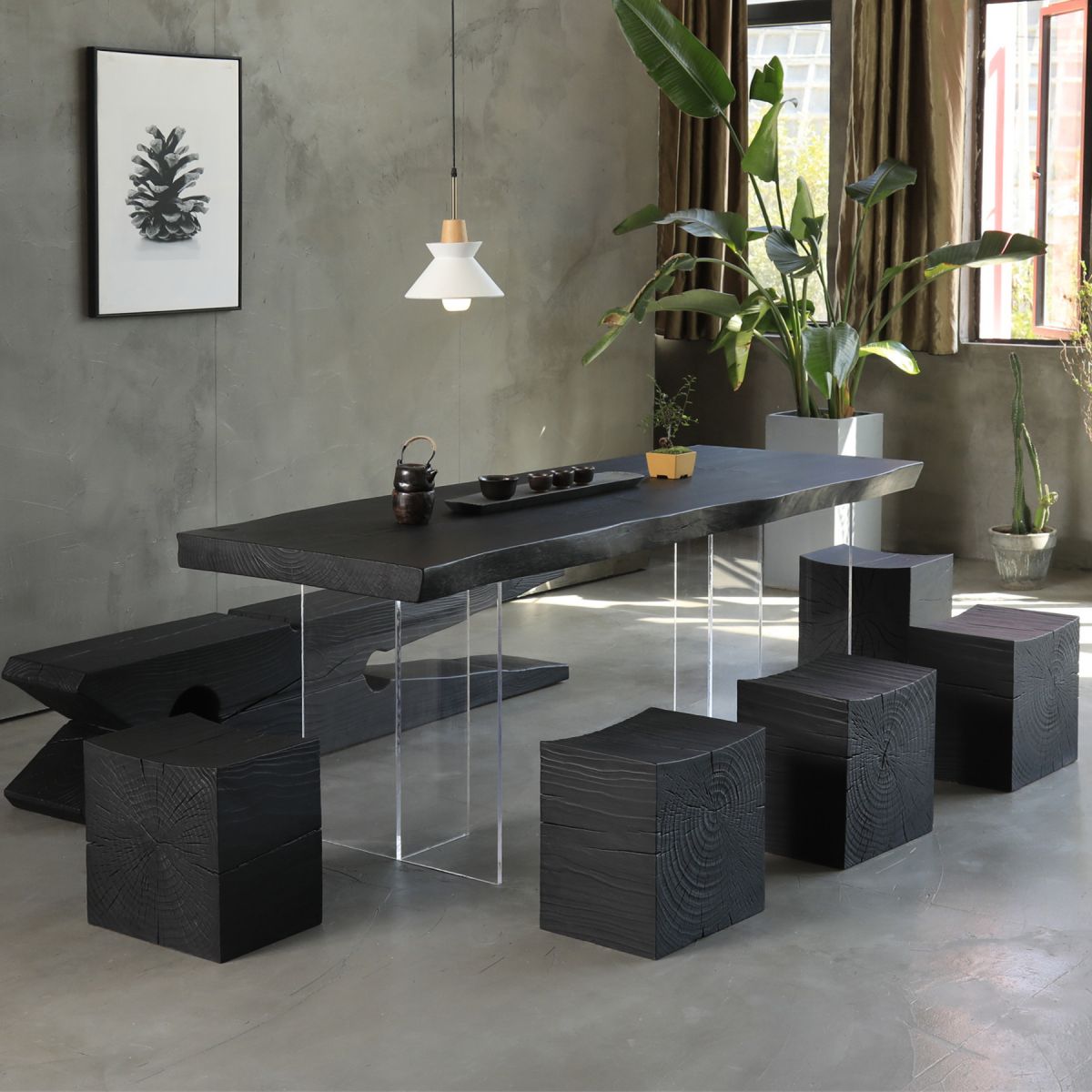 Black Modern Double Pedestal Table Rectangle Pine Solid Wood Top Dining table