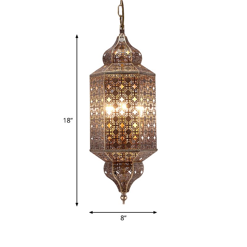 Arab Hexagonal Chandelier Light 3-Bulb Metal Hanging Pendant in Brass with Hollow-Out Design