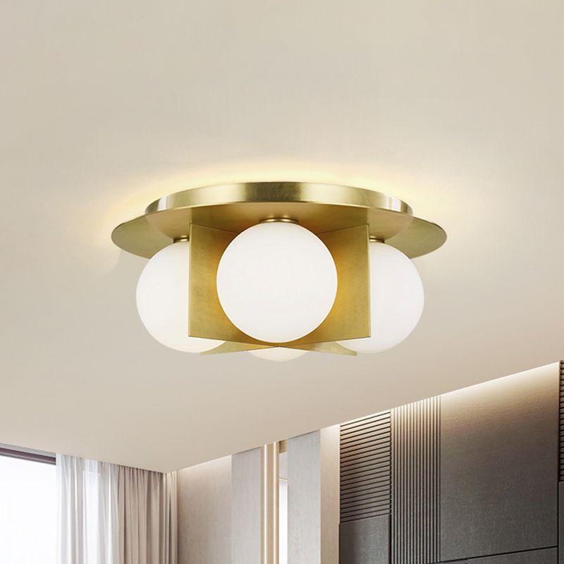3-Light Bedroom Ceiling Lamp Postmodern Black/Gold/Chrome Flush Mounted Light with Globe Milky Glass Shade