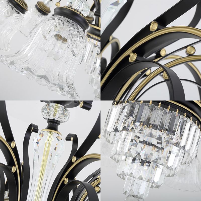 Traditional 6-Light Chandelier Clear Crystal Shaded Floral Ceiling Pendant Light in Black