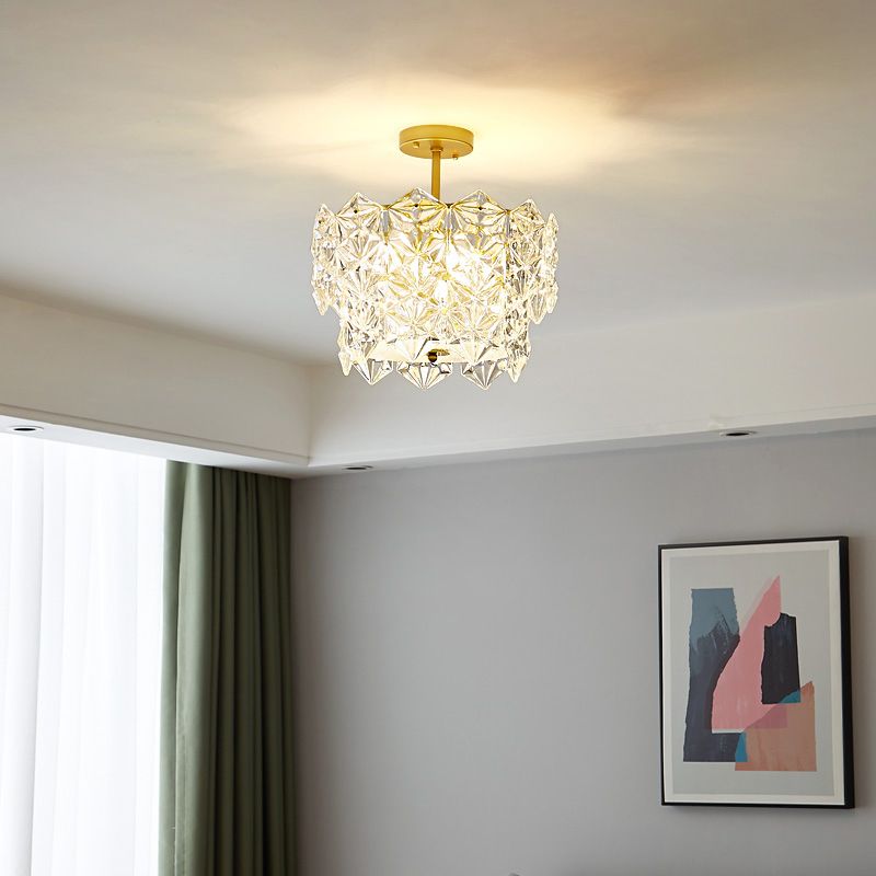 Living Room Ceiling Suspension Lamp Minimalist Gold Chandelier with Hexagonal Crystal Shade