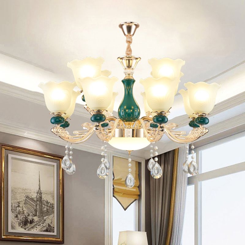 Traditional Ruffle Bell Suspension Light Cream Glass Chandelier Light with Hanging Crystal in Green