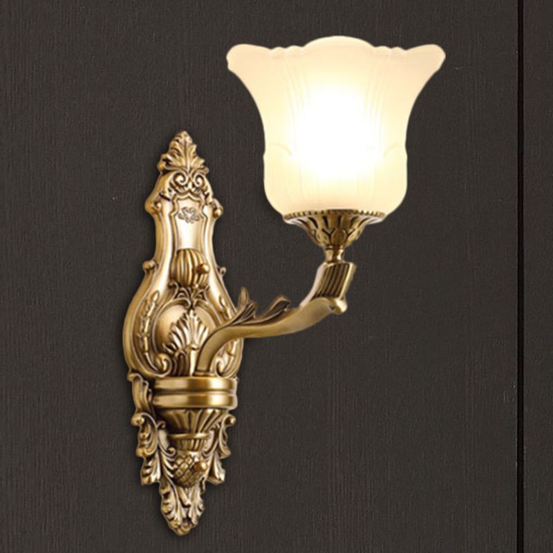 Opal Glass Petal Wall Sconce Classic Style 1/2-Head Bedroom Wall Light Fixture with Brass Carved Arm