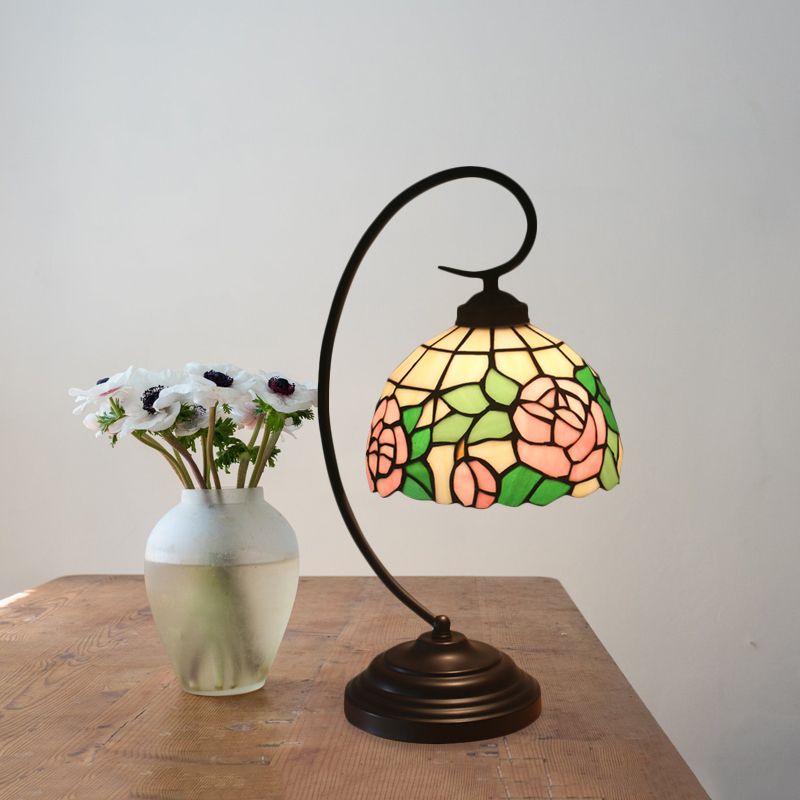 Bronze Curvy Night Light Baroque 1 Head Metal Red/Pink Rose/Tulip Patterned Desk Lighting with Bowl Cut Glass Shade