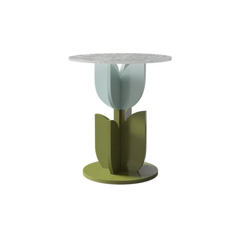 Scandinavian Wood/Glass Top End Table Dia 15.75" Tulip Shape Side Table in Green