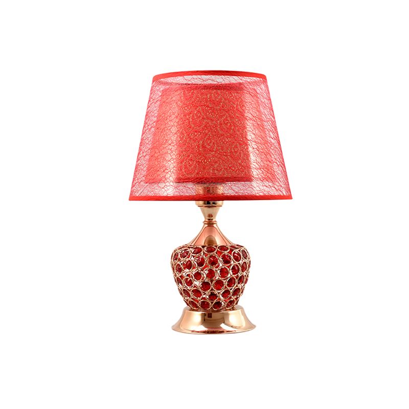 1 Light Night Stand Lampe Retro Urne Form Kristall eingebetteter Tischbeleuchtung mit zwei Empire -Schatten in Rot/Gold