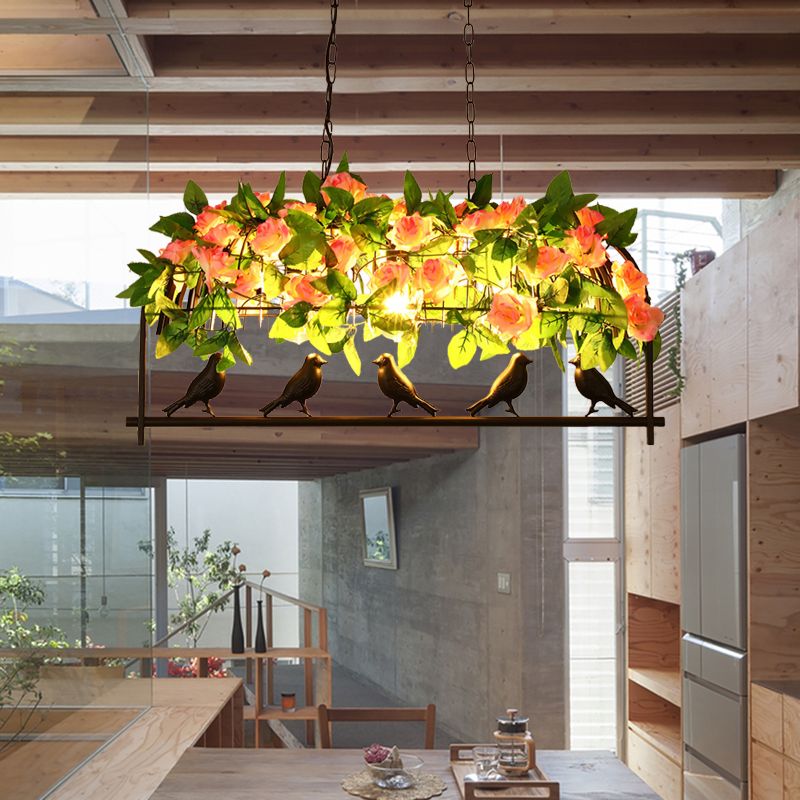 Industrial Birdcage Island Light Fixture 1/3-Light Iron Down Lighting Pendant in Black with Rose Decoration