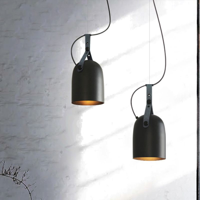 7"/9.5" Dia 1 Light Dome Hanging Lamp Industrial Style Black/Silver/Copper Metal Pendant Lighting with Leather Strap