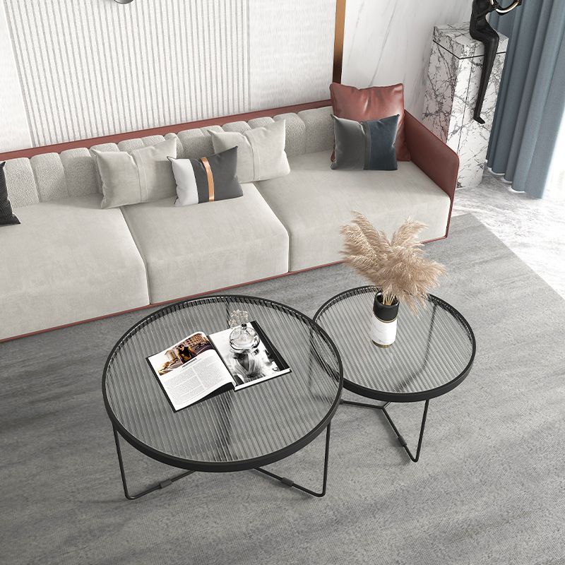 Round Clear Glass Cocktail Table Set Contemporary Cross Legs Coffee Table in Black