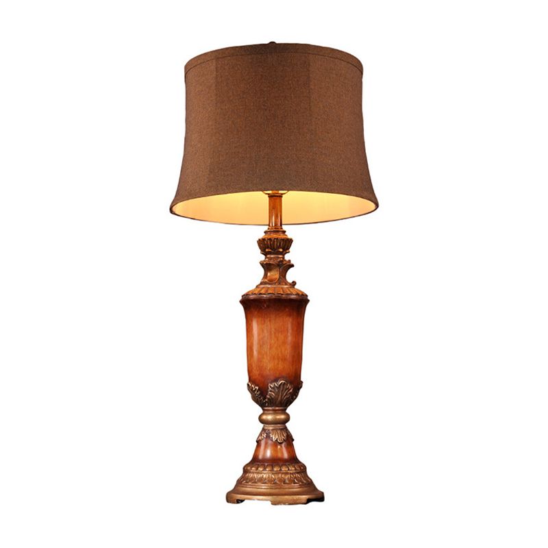 Urn Living Room Table Lamp Rural Fabric 1-Light Flaxen Night Stand Light with Curved Barrel Lampshade
