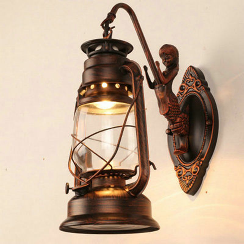 Single-Bulb Oil Lantern Sconce Antique Style Clear Glass Wall Mount Light Fixture for Aisle