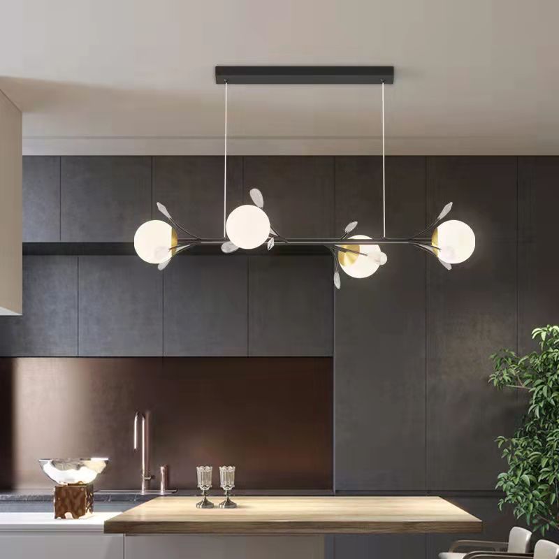 Modern Spherical Island Light Fixture White Glass 4 Heads Dining Room Pendant Light