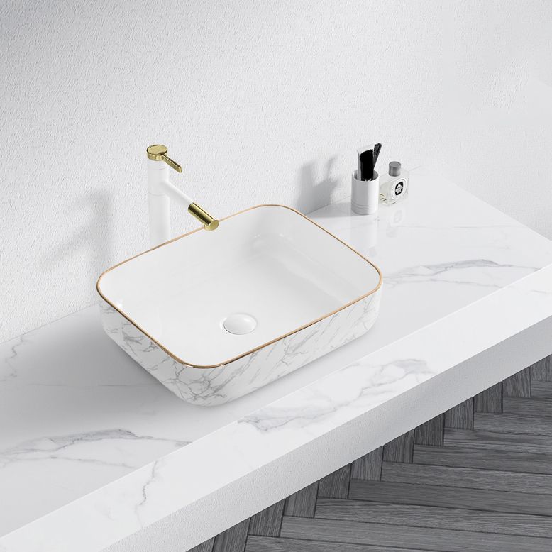 Contemporary Bathroom Sink Pop-Up Drain Porcelain Solid Color Rectangular Vessel