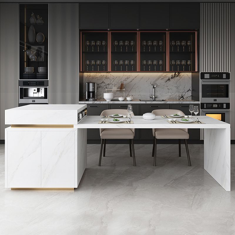 White Stone Contemporary Kitchen Island Table with Storage Cabinet