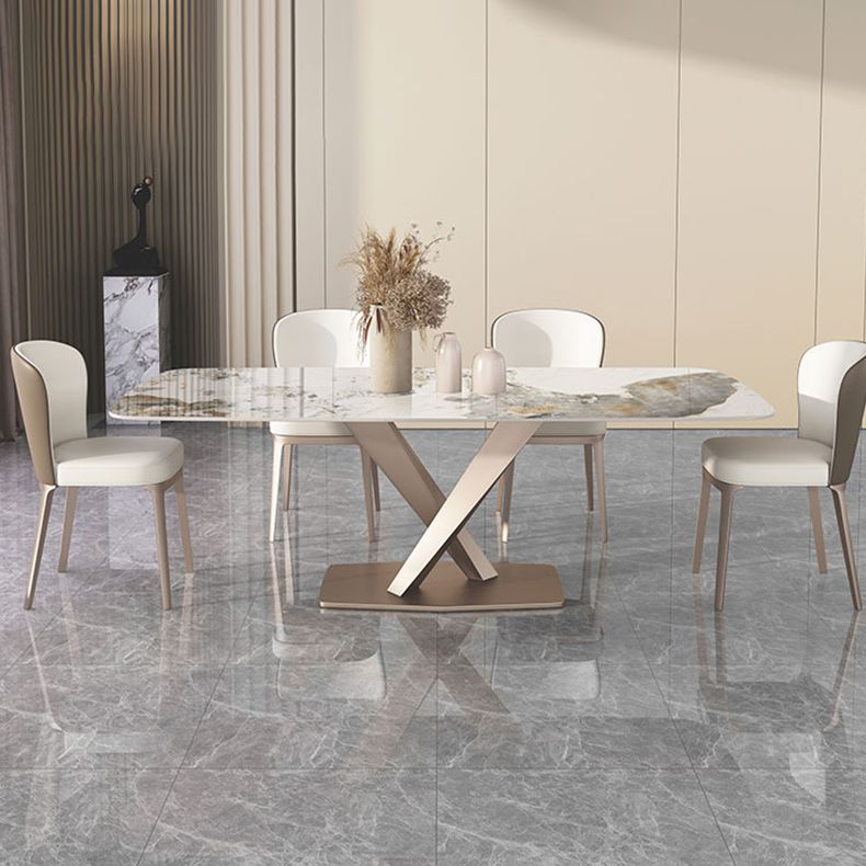 Tavolo da pranzo rettangolare contemporaneo in metallo tavolo da pranzo in pietra sinterizzata con base di piedistallo