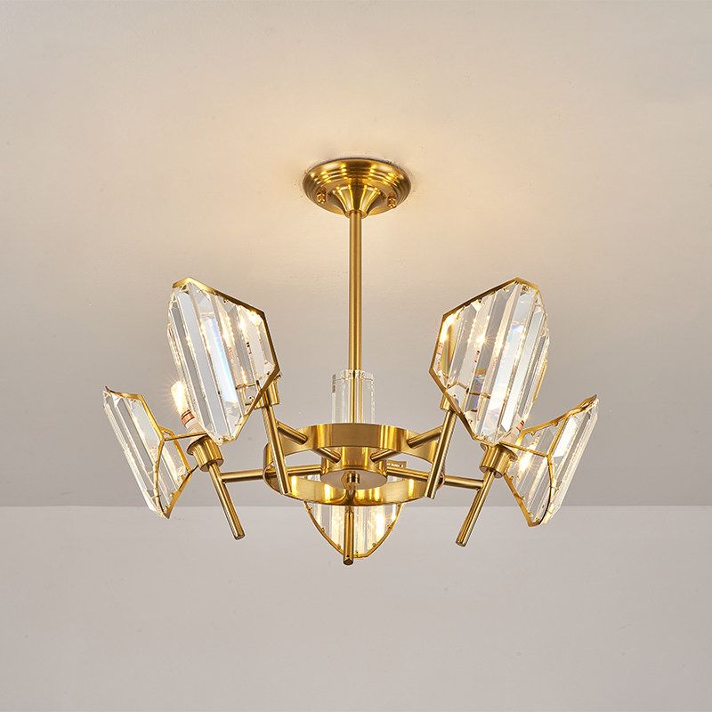 Gold 5/6-Bulb Flush Mount Chandelier Post-Modern Crystal Curved Shade Semi Flush Ceiling Light
