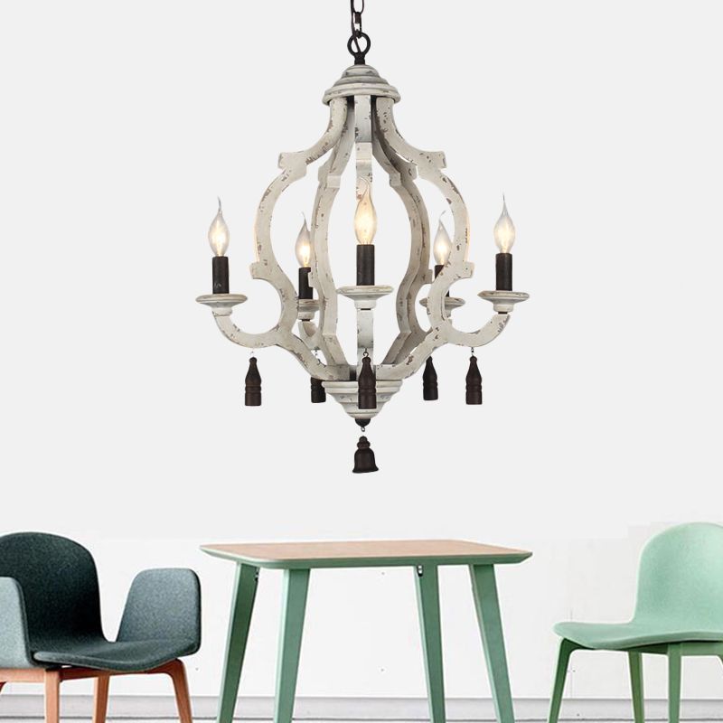 5 Lights Wood Ceiling Light Traditional Dark Wood/Wood/White Lantern Bedroom Chandelier Light