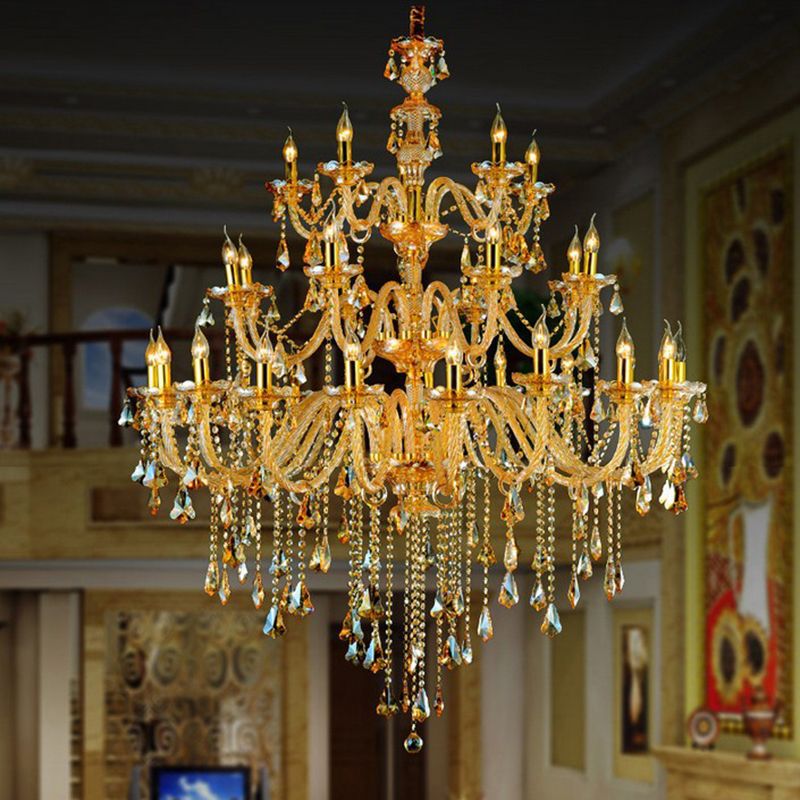 Amber Crystal Goudhangende hanglagige bochtige arm 24 lichten traditionele kroonluchter verlichting