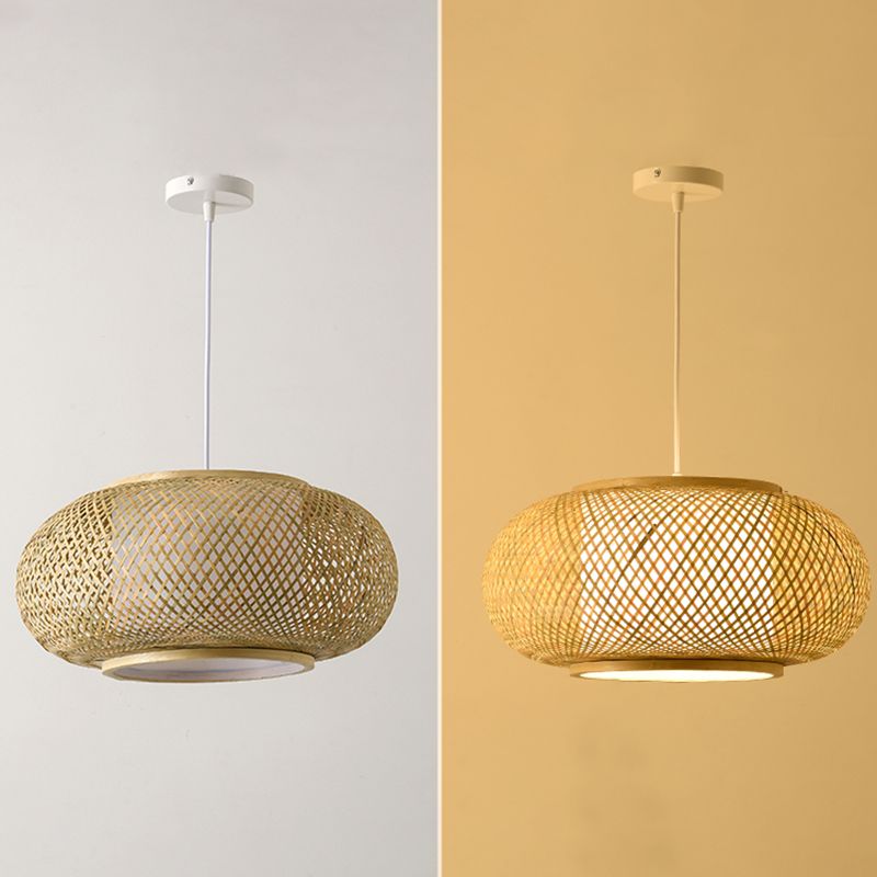 Bamboo & Rattan Weaving Drum Suspended Light Asian Style 1 Light Accent Pendant Lamp in Beige