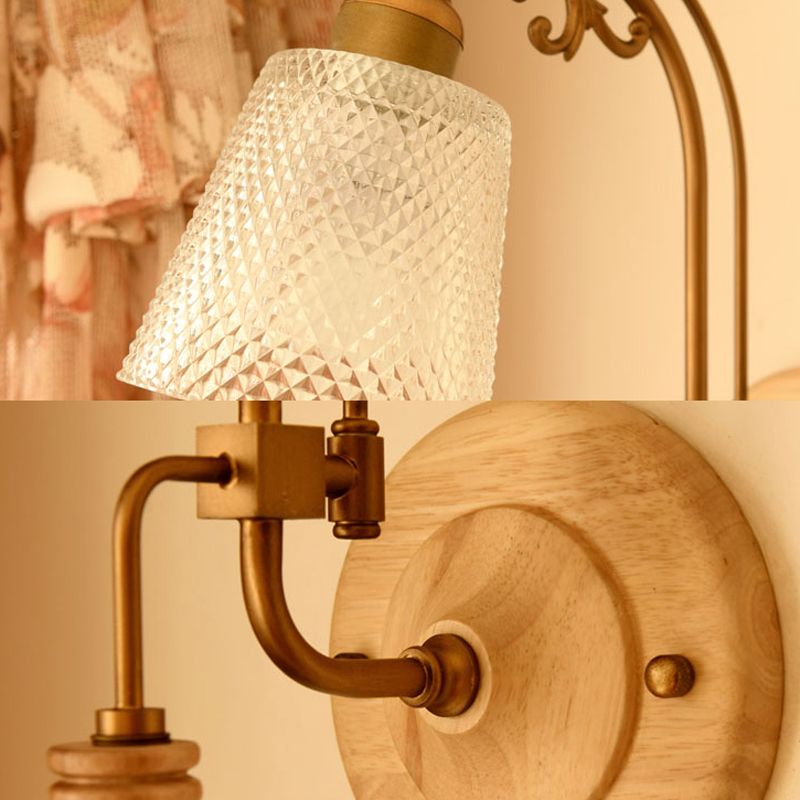 1 Bulb Cone Sconce Lamp Tradition Prismatic Glass Wall Lighting Fixture in Brass with Curved Arm