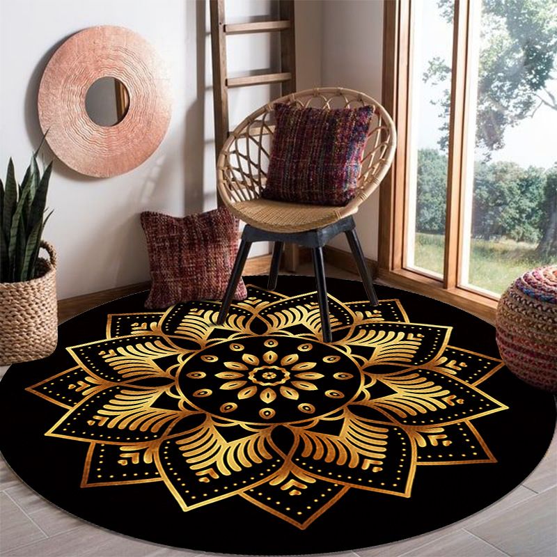 Golden Moroccan Rug Hot Stamping Print Polyester Rug Anti-Slip Carpet for Living Room