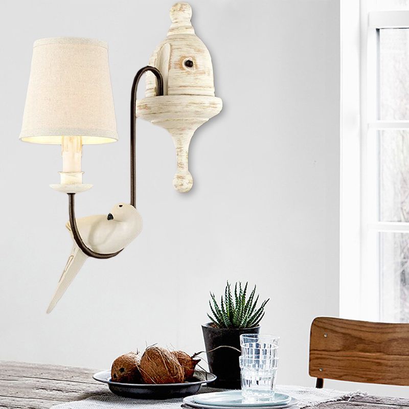 Tapered Bedroom Wall Lamp Country Metal 1/2 Light White Sconce Light Fixture with Bird Accents