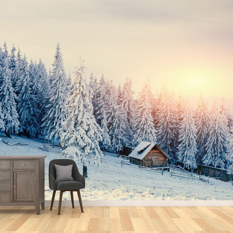 Whole Snow Mountainside Cabin Mural Brown Non-Woven Wall Covering, Washable, Custom Size