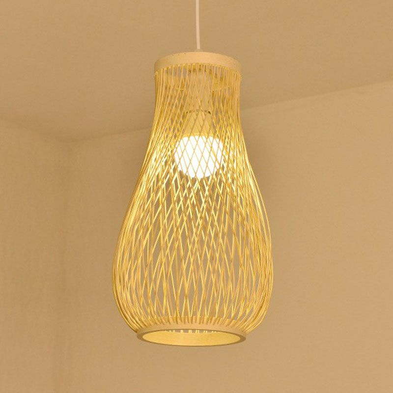 Cage Lantern Pendant Light Fixture Asia Bamboo 1-Light Bistro Suspension Lamp in Wood