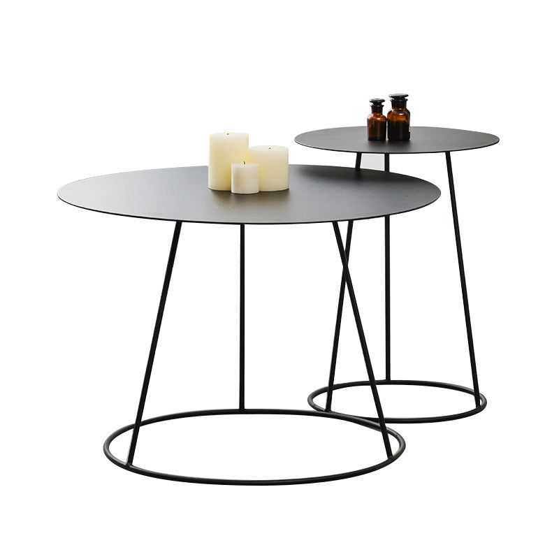 Mid-Century Modern Iron Coffee Table Set Black Finish Round Cocktail Table