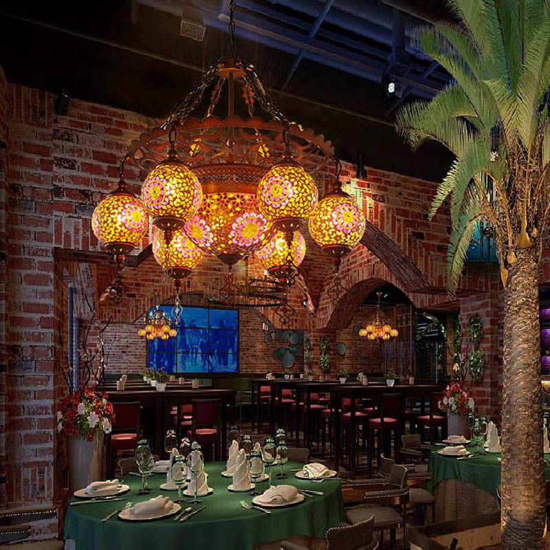 Brass Lantern Chandelier Lamp Traditional Stained Glass 9 Heads Restaurant Suspension Pendant Light