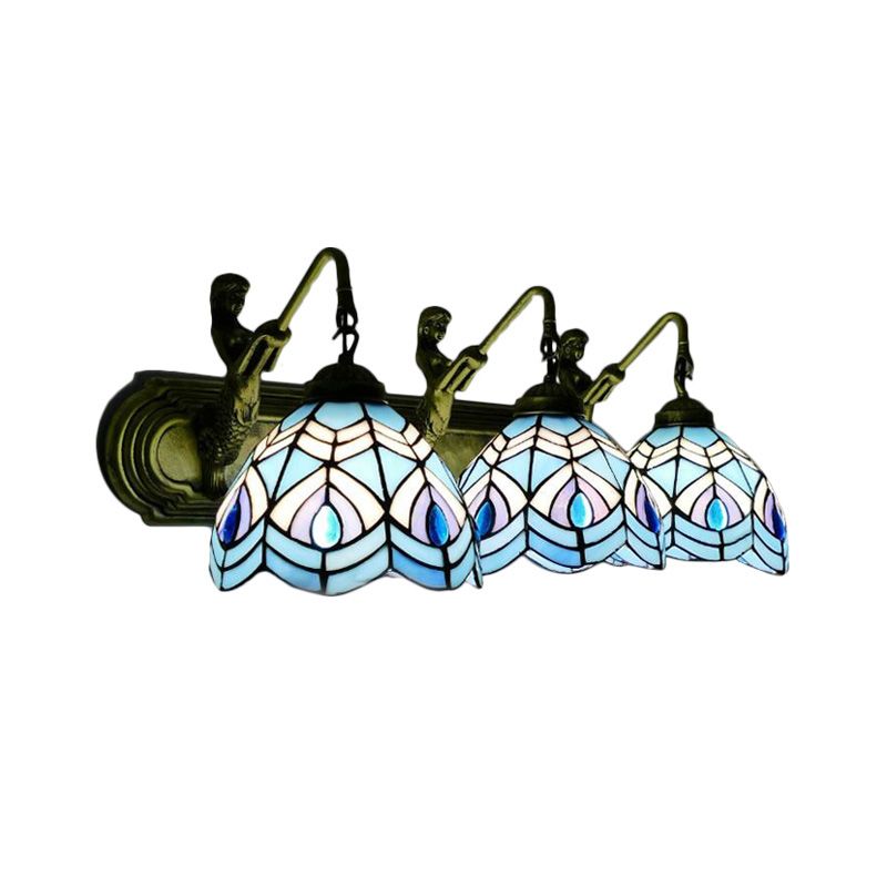 Peacock Tail Sconce Lighting Tiffany Stained Glass 3 Head Blue Wall Mounted Lighting, 6"/8" Wide