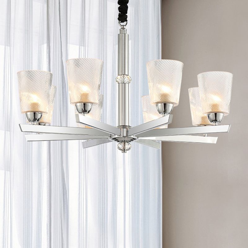 Cup Up Chandelier Pendant Modern Ribbed Glass 6 Lights Living Room Ceiling Lamp Kit in Chrome