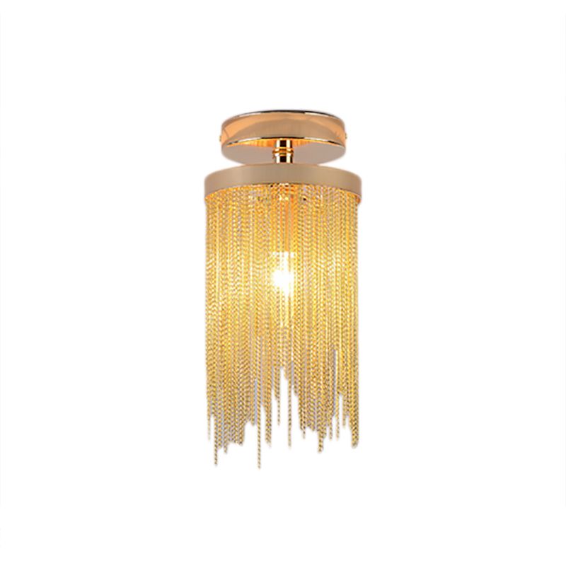 Cylinder Semi Flush Mount Light Modern Crystal Strand 1 Light Blue/Green/Chrome Ceiling Light