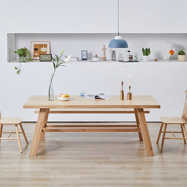 Moderne dennen vaste houten tafel rechthoek eettafel met houten schroefbasisbasis