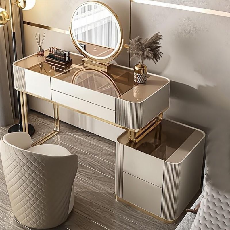 Glam White Bedroom Lighted Mirror Solid Wood With Drawer Makeup Vanity Set