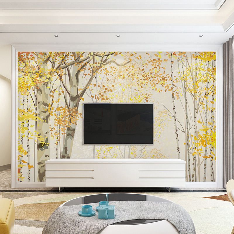 Extra Large Nostalgic Wall Decor Yellow Autumn Forest Wall Mural, Customized Size Available