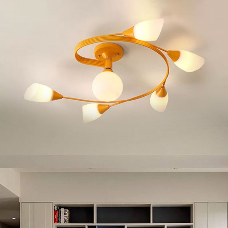 Curly Semi Flush Mount Light Nordic Fer 4/6 HEAD GREN / ROSE / JAUNE PLAFICATION AVEC BLAND D'ECVOIRE DE VERRE