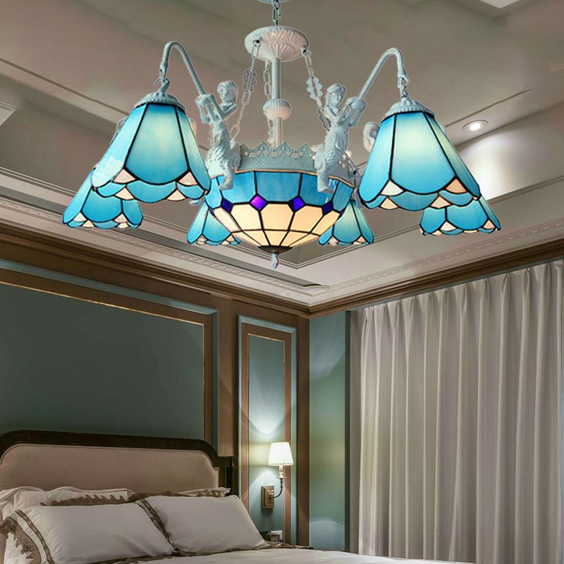 Stained Glass Cone Pendant Chandelier Baroque 7/9 Lights Yellow/Blue Hanging Light Kit for Living Room