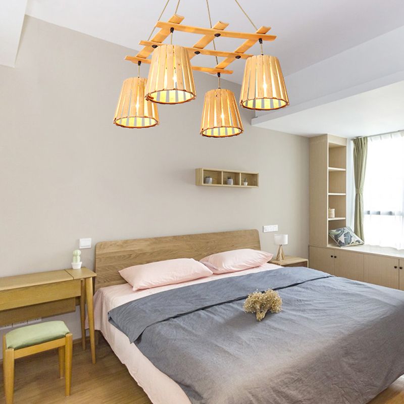 Beige Barrel Pendant Chandelier Modern 4 Lights Wood Hanging Ceiling Light for Bedroom