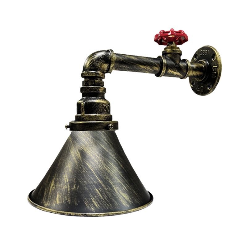 Iron Bronze Sconce Lighting Vintage Conical 1-Head Industrial Wall Lamp Fixture with Red Valve Deco