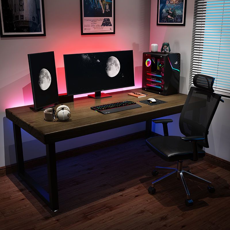 Modern Style Rectangular Writing Desk with Solid Wood Top and Black Iron Legs