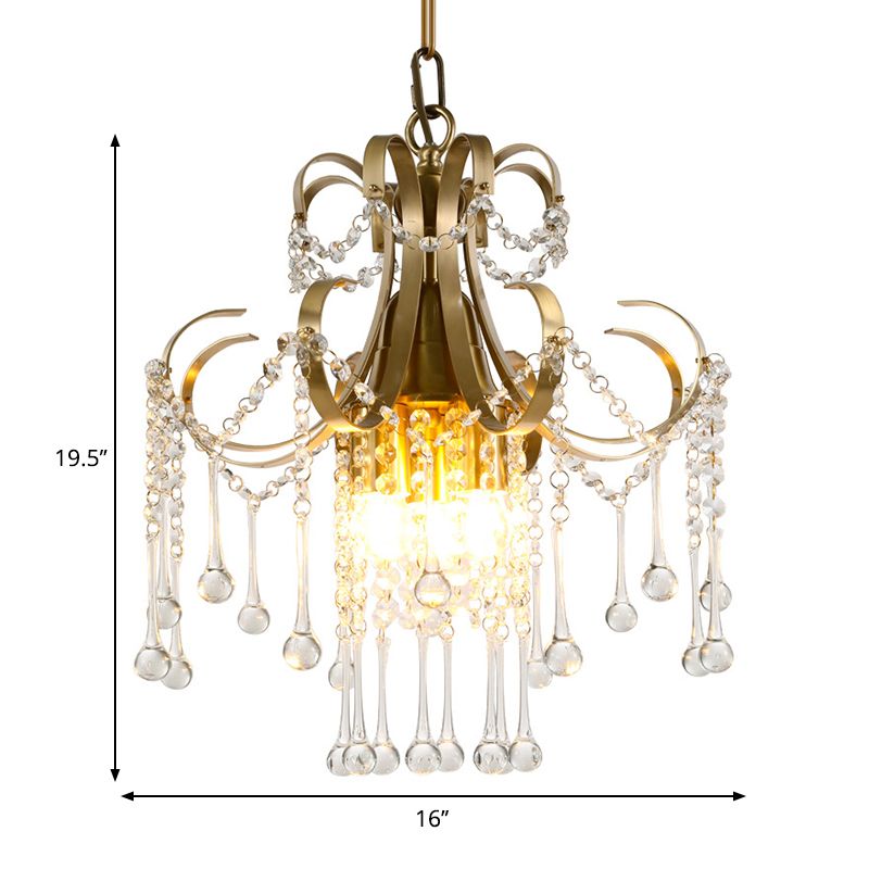 Curvy Arm Crystal Beads Ceiling Pendant Modern 3 Bulbs Bedchamber Chandelier Lamp in Gold