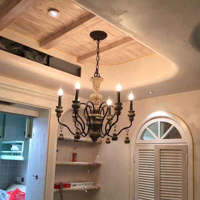 Gray Candelabra Hanging Light Traditional Wood 6 Lights Living Room Chandelier Light