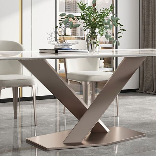 Sintered Stone Top Dining Table Rectangle Kitchen Table with Metal Pedestal