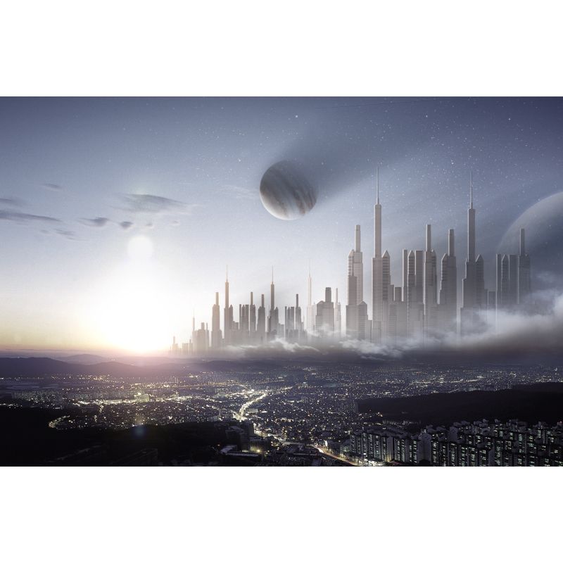 Grey-Blue Future Metropolis Mural Decal Stain-Proof Science Fiction Bedroom Wall Art