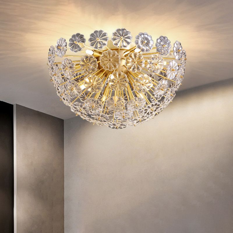 Crystal Flower Semi Mount Lighting Modern Stylish Gold Finish Flush Ceiling Light for Bedroom